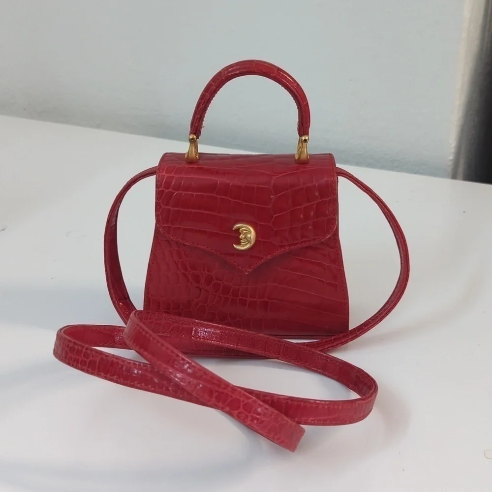 Vintage Vicenza Moon Face Mini Purse Crossbody Red leather retro astrology - Picture 4 of 14